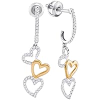 10kt Two-tone White Gold Womens Round Diamond Dangling Triple Heart Earrings 1/4 Cttw