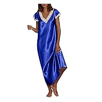 Women Satin Pajamas Lace Trim Sleepwear Casual Flare Short Sleeve V Neck Homewear Maxi Dresses Nightgown