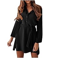 Today's Deals of The Day Women Long Sleeve Casual Dress, Button V Neck Tunic Dress Solid Elegant Dressy Short Dresses Trendy Sundress Petite Womens Clothing Black