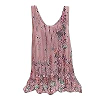 Women's Floral Tank Top Scoop Neck Sleeveless Tunic Cute Summer Tanks Wave Trim Camisole Ladies Dressy Casual Tops