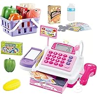 Cash Register Pretend Play Supermarket Shop Toys with Calculator ,Working Scanner,Credit Card ,Play Food ,Money and More(Color May Random)