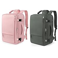 Large Travel Backpack For Women, 40L Carry On Backpack Airline Approved, 17 Inch Waterproof Personal Item Suitcase Backpack With USB Port For Weekender, Travel, Pink + Green