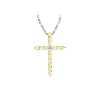 14k Rose Gold timeless cross pendant set with 15 round yellow sapphires (1/2ct, AA Quality) encompassing 1 round white diamond, (.045ct, H-I Color, I1 Clarity), suspended on a 18