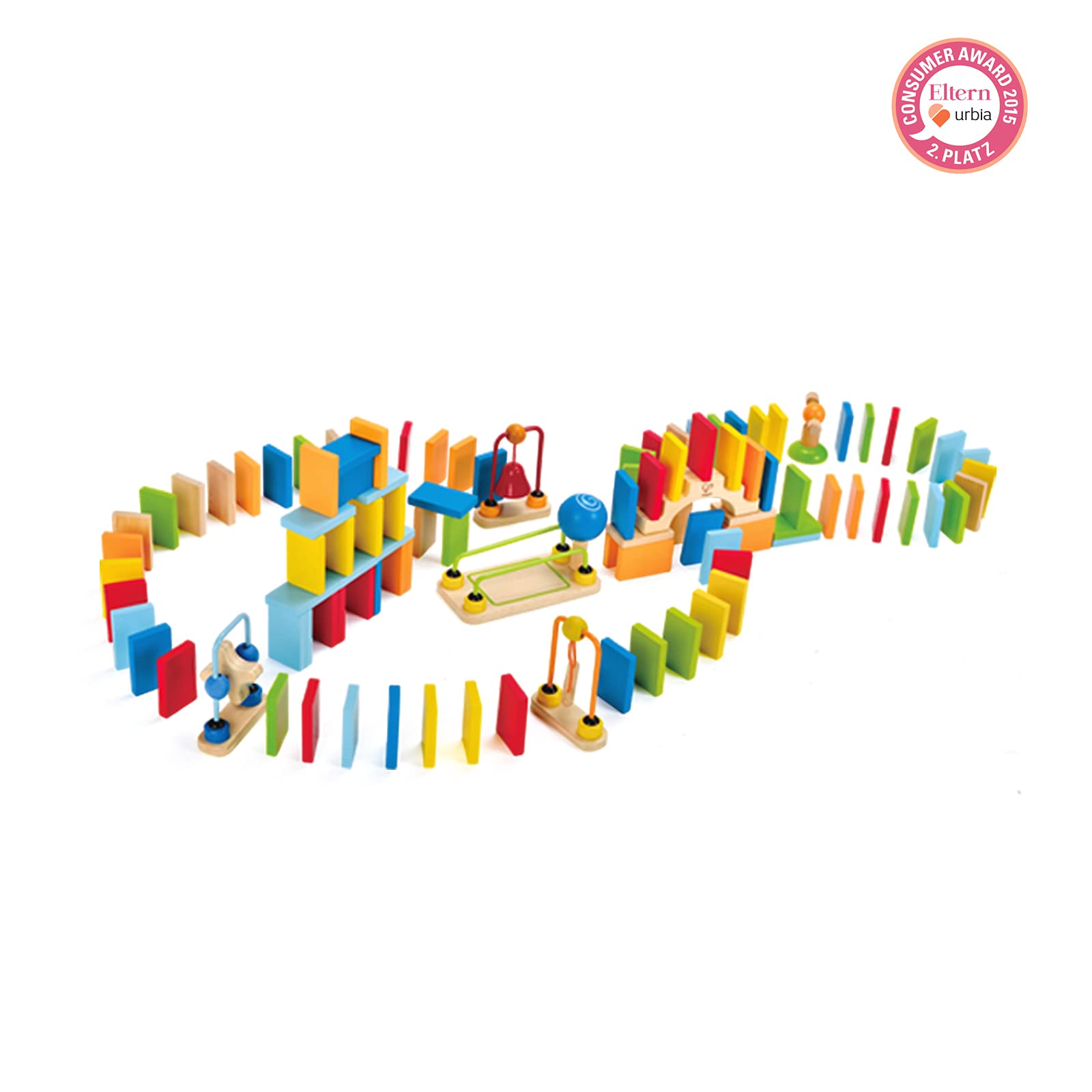 Dynamo Wooden Domino Set by Hape | Award Winning Domino Building Block Set for Kids, 107 Solid Pieces of Fun Filled Racing, Building and Stacking