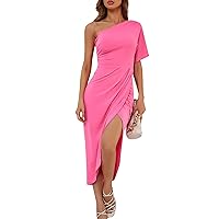 Women's Summer Dresses 2024 Solid Color Hot One Shoulder Sexy Irregular Party Cocktail Dresses, S-XL