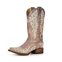 Corral Ladie's Brown Crater Bone Embroidery SQ. Toe, Leather with Rubber Insert Sole, Western A2663