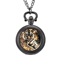 Tiger with Fire Pocket Watches for Men with Chain Digital Vintage Mechanical Pocket Watch