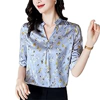 Woman Blouse Summer V-Neck Half Sleeve Women's Floral Shirt Loose Tops Real Silk Shirts Women Satin Blouses