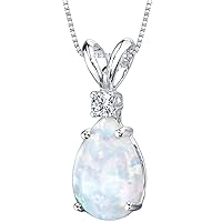 PEORA 14K White Gold Created White Opal with Genuine Diamond Pendant, Elegant Teardrop Solitaire, Pear Shape, 10x7mm, 1 Carat total