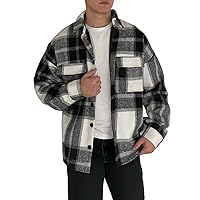 COWOKA Men's Casual Warm Plaid Wool Blend Jacket Fleece Relaxed Fit Button Up Long Sleeve Shacket Shirt Coat