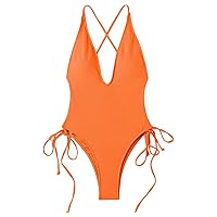 Women's Solid Color Deep V Neck Sexy Strap Bikini Swimsuit Beach Swimsuit Bikini with Skirt (Orange, L)