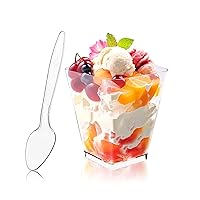 50Pack 5oz Square Plastic Dessert Cups with Spoons, Reusable Clear Parfait Appetizer Cups, Mini Party Trifle Shooter Serving Cups, Dessert Shot Glasses for Tasting