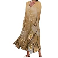 Women's Long Sleeve Pocketed Loose Long Lounge Maxi Dress 2024 Fashion Marble Print Round Neck Dresses Dressy Casual