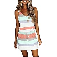 Womens Summer Sleeveless Sundress Drawstring Mini Beach Dress with Pocket Short Swing Tank Dress Striped Cami Sun Dresses