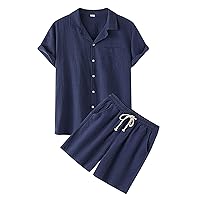 Men's Casual Button Down Shirts Short Sleeve Cotton Linen Shirts Tops Drawstring Shorts 2 Pieces Hawaiian Beach Outfits