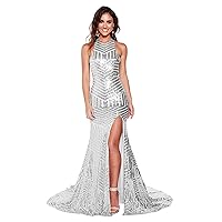 Women's Maxi Dress Halter High Side Split Open Back Floor Length Sequins Prom Evening Gowns