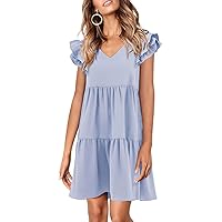 Zwurew Summer Babydoll Dresses for Women 2024 Cute Ruffle Cap Sleeve V-Neck Flowy Swing Mini Dress Sundress