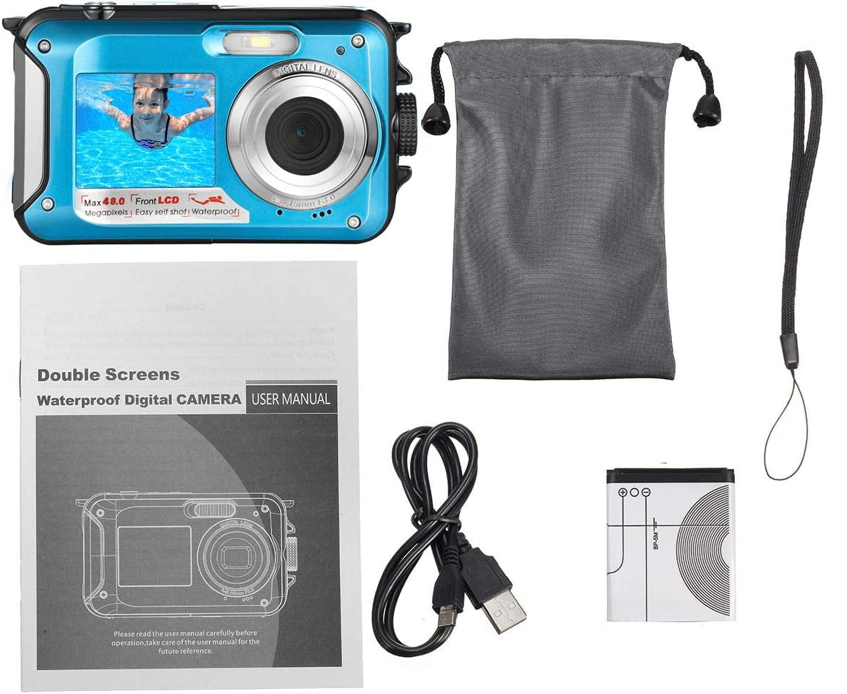 Acuvar 48MP Megapixel Waterproof Dual Screen Full HD 1080P Digital Camera for Under Water Photo and Video Recording for Selfies with LED Flash Light for Adults and Kids (Blue) + Microfiber Cloth