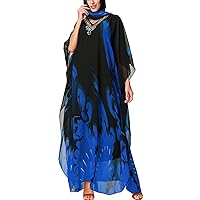 Flygo Women's Boho Printed Oversized Batwing 3/4 Sleeve Maxi Long Dresses Robe (Style 02 Blue, Large)