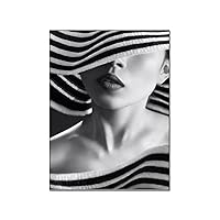 Black And White Aesthetic Wall Art Fashion Poster Model Striped Fashion Hat Covering The Eyes Wall Art Paintings Canvas Wall Decor Home Decor Living Room Decor Aesthetic Prints 8x10inch(20x26cm) Unfr