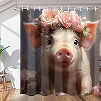 Pig with Roses Shower Curtain for Bathroom Decor, Animal Pig 72x72in Bath Curtains, Waterproof Bathroom Curtains with Hooks for Bathtubs