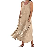 Maxi Dress for Women, 2024 Summer Trendy Print Sleeveless Cotton Linen Tank Dresses Casual Loose Flowy Pockets Sundress