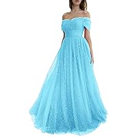 Tulle Starry Prom Dresses Long Ball Gown Off The Shoulder Short Sleeve Pleated Evening Dresses for Women 2024 Elegant