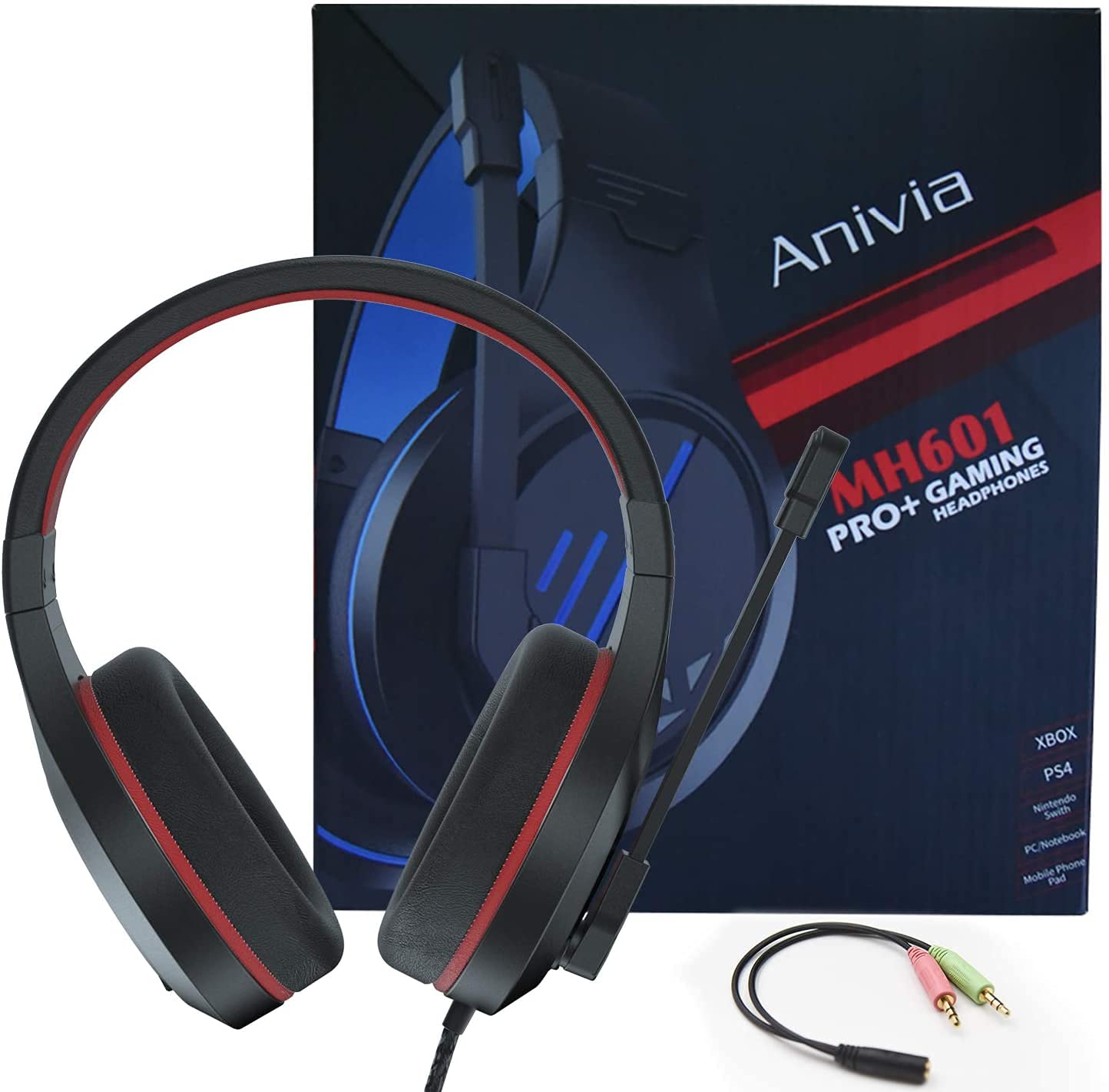 Anivia MH601 Headphones with Microphone LED Wired Headset with Active Noise Canceling Microphone, 3.5mm Audio Jack Stereo Headphone - Red (Game/Work/School)