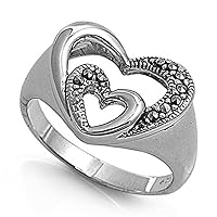 Sac Silver Women's Simulated Marcasite Heart Ring Polished Band New Rhodium Finish 14mm Sizes 6-10