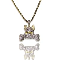 Bull Dog Pendant Cute little Pug puppy Bone Charm Men Women 925 Italy Gold Finish Iced Silver Charm Pendant Stainless Steel Real 3 mm Rope Chain, Mans Jewelry, Rope Necklace 16