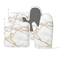Oven Mitts and Pot Holders Marble White Gold Silicone Kitchen Accessories Set of 4 Heat Resistant Long Gloves Potholder Non-Slip Grip for Chef Cooking,Baking,Grilling,BBQ