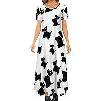 Scottish Terrier Dog Women's Short Sleeve Maxi Dress Summer Casual Loose Long Dresses for Beach Party