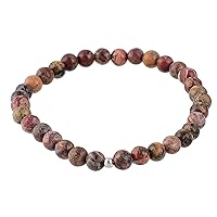Natural Leopard Skin Jasper Stretch Bracelet With 925 Sterling Silver Ball, Smooth Round Beaded Gemstone Jewelry Gift for Women, Men, Girls, Teens.