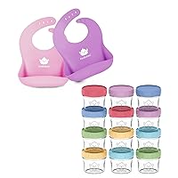 KeaBabies 2-Pack Baby Silicone Bibs and 12-Pack Baby Food Glass Containers - Waterproof, Easy Wipe Silicone Bib for Babies, Toddlers - 4 oz Leak-Proof, Microwavable, Baby Food Storage Container