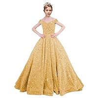 Off Shoulder Sequin Flower Girl Dresses for Wedding Sparkly Pageant Dresses Kids Princess Ball Gown