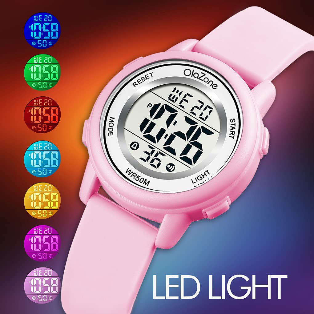 OLAZONE Girls Digital Watch Kids 7-Color Flashing Light Water Resistant 164FT Alarm for Age 5-12 Pink