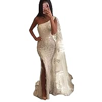 Women's One Shoulder Long Lace Applique Prom Dresses Mermaid Wedding Evening Gown