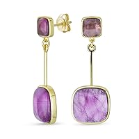 Modern Elegant Gemometric Gemstone Dusty Rose Crystal Accent Natural Briolette Purple Amethyst Faceted Oval Dangle Earrings For Women 14K Yellow Gold Plated