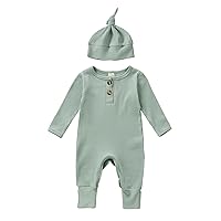 Newborn Baby Boy Girl Clothes Infant Ribbed Romper Solid Long Sleeve Knit Bodysuit Jumpsuit Hat Coming Home Outfit
