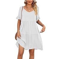 Women's 2024 Summer V Neck Ruffle Short Sleeve Dresses Tiered Flowy Casual Babydoll Dress with Pockets