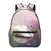 Casual Laptop Backpack Lightweight White Swan Canvas Backpack For Women Man Travel Daypack With Side Pocket
