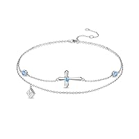 FANCIME Ankle Bracelets For Women, 925 Sterling Silver Cross Layered Anklet Adjustable Beaded Chain Beach Jewelry Gifts for Women