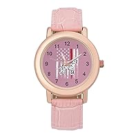Dalmation Thin Line Firefighter Flag Womens Watch Round Printed Dial Pink Leather Band Fashion Wrist Watches