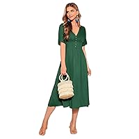 Dresses for Women - Ruched Batwing Sleeve Fake Button -line Dress