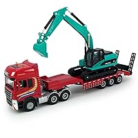 Flatbed Truck Toy with Crawler Excavator Toy Tractor Semi Tow Truck Transport Trailer Metal Diecast Construction Vehicles 2 in 1 Vehicle Playset Friction Powered Toy Trucks for Boys Kids Gift, red