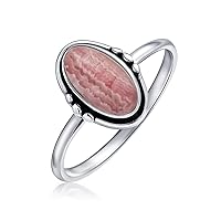 Western Boho Delicate Bezel Set Oval Cabochon Gemstone Rose Pink Rhodochrosite Turquoise Moonstone Ring For Women Teen 1MM Thin Band Oxidized .925 Sterling Silver