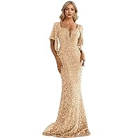 Women Sequin V Neck Mermaid Maxi Dress Sexy Long Wedding Party Cocktail Prom Evening Dresses