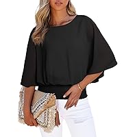 Dokotoo Womens Solid Short Sleeve Boat Crew Neck Chiffon Blouses 3/4 Sleeve Casual Dressy Shirts Batwing Dolman Top Tunic