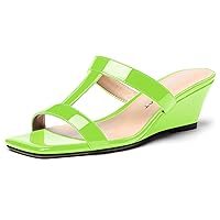 Women's Slip On Summer Cut Out Patent Open Toe Dress Square Toe Wedge Low Heel Sandals 2 Inch