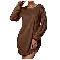 Women Trendy Crewneck Sweater Dress Casual Fall Tunic Dresses Loose Long Jumper Irregular Knitted Wrap Dress
